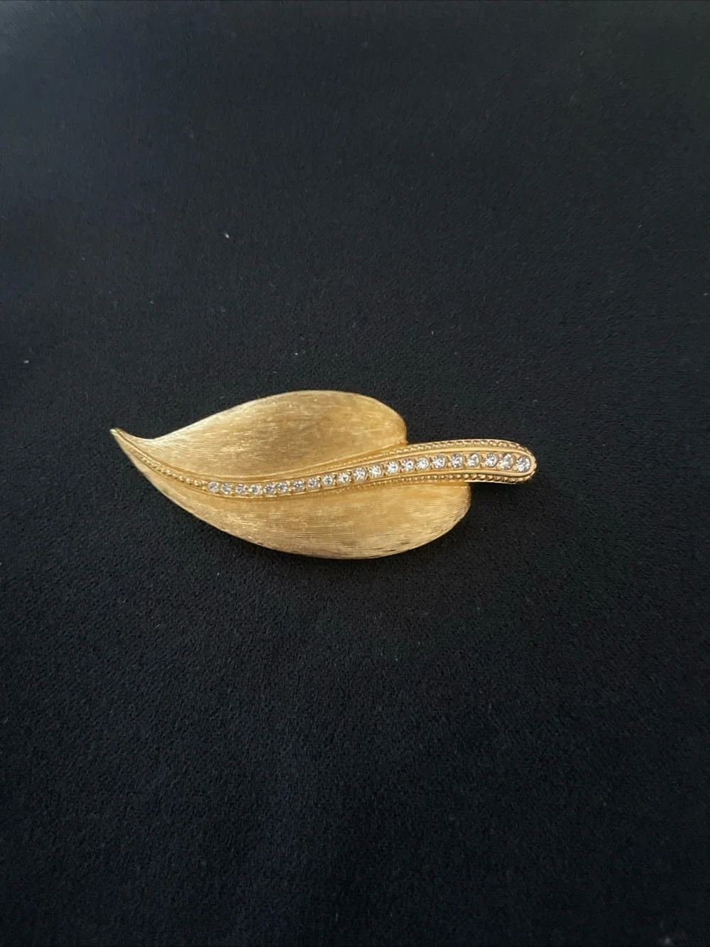 Gold Tone Rhinestone Leaf Brooch Vintage Style
